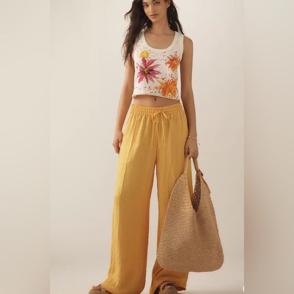 By Anthropologie Textured Satin Pull-On Pants Yellow Gold NWT Size Small - Picture 1 of 4